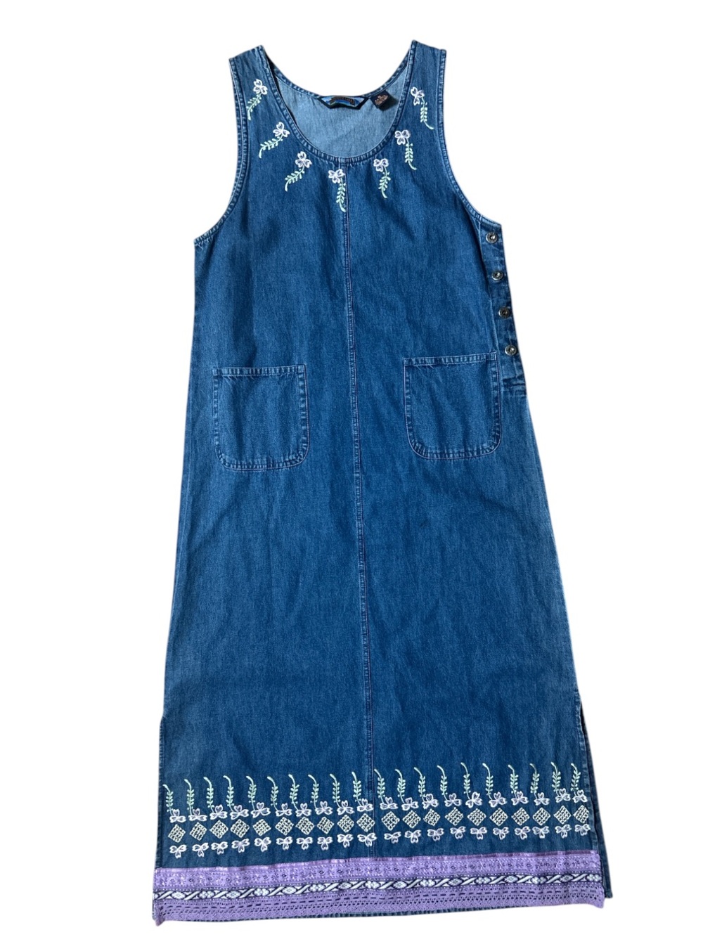 Vintage 90s Denim Embroidered Maxi Dress with Lavender Trim Cottagecore size:S
